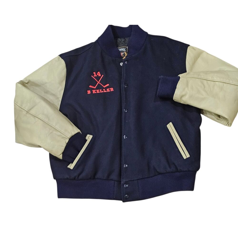 Vintage Rennoc Varsity Jacket Mens Large Blue  Cream Leather Wool Snap USA - Picture 4 of 10